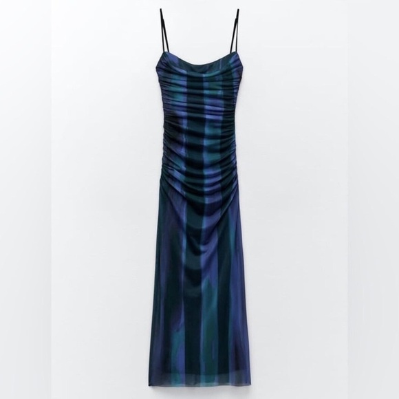 Zara print blues dress with tulle Size XS - Picture 6 of 12